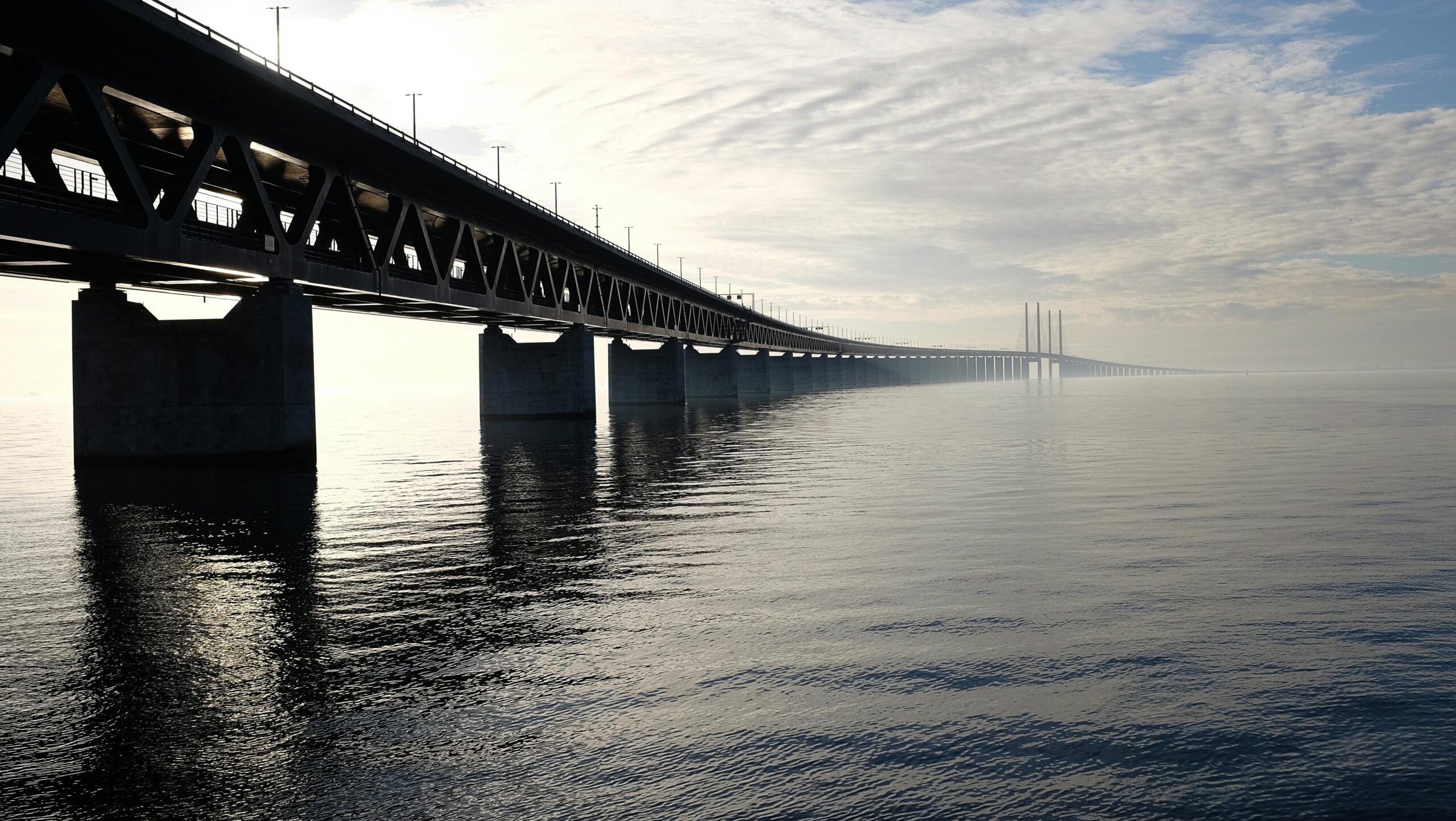 pexels-photo-128362-128362 A stunning view of a large steel bridge reflecting on the tranquil water under a cloudy sky.